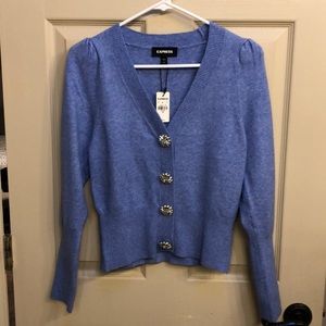 Express jewel faux button puff sleeve sweater
